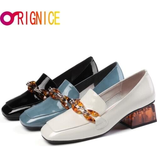 Orignice Fashion Square Toe Women Cow Leather Pumps Thick Heels Slip On Solid Color Casual Street Shoes Plus Size 34-42 Handmade