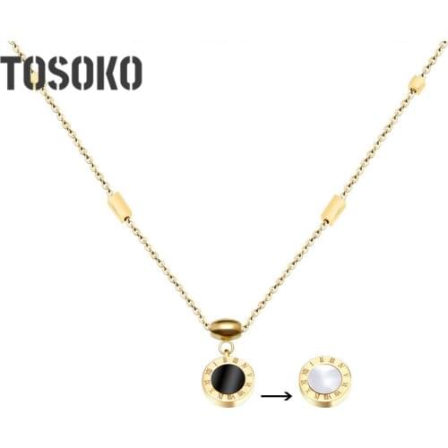 TOSOKO Stainless Steel Jewelry Roman Numeral Black And White Shell Double-Sided Necklace Womens Fashion Clavicle Chain BSP099