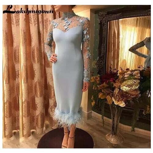 Elegant Tea Length Sheath Mother of the Bride Dresses High Neck Long Sleeve Evening Gowns 3D Flower Wedding Guest Dress