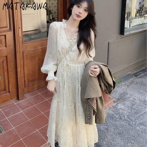 Matakawa Woman Dress Autumn French V Neck Long Sleeve High Waist Lace Up Dresses Fashion Gentle Elegant Floral Print Vestidos