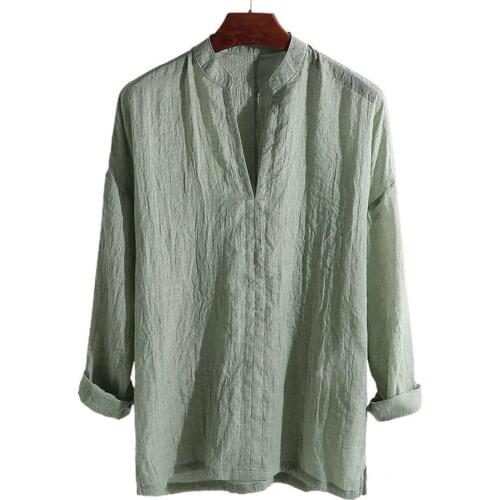 Skin-friendly Simple Stand Collar Linen Loose T Shirts Breathable Casual Shirt Long Sleeve for Beach