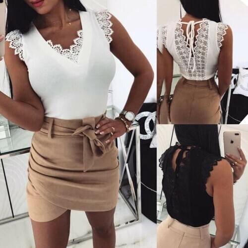 Sexy Women Lace T-shirt Top Fashion Ladies Holiday Casual Camisole Tank Top Sleeveless V-Neck Solid Slim Female T-shirt