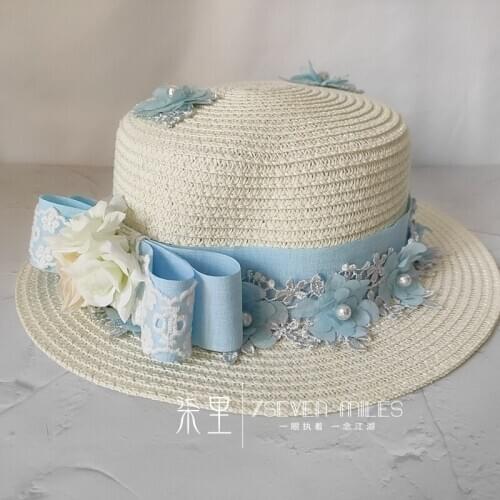 Lolita Vintage Straw Hat gentle blue Lace Bowknot Straw Hat Flower Wedding Japanese lovely Round Flat Cap Summer Handmade