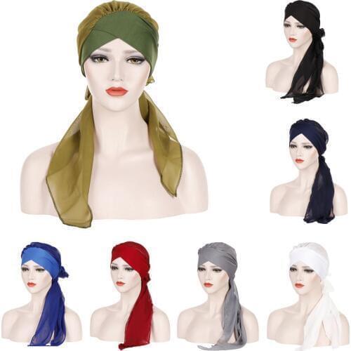 Women Long Tail Turban Hat Hijab Chemo Cap Muslim Headscarf Islamic Headwear Cancer Cap Hair Loss Hat Bow Bonnet Wide Band Wrap