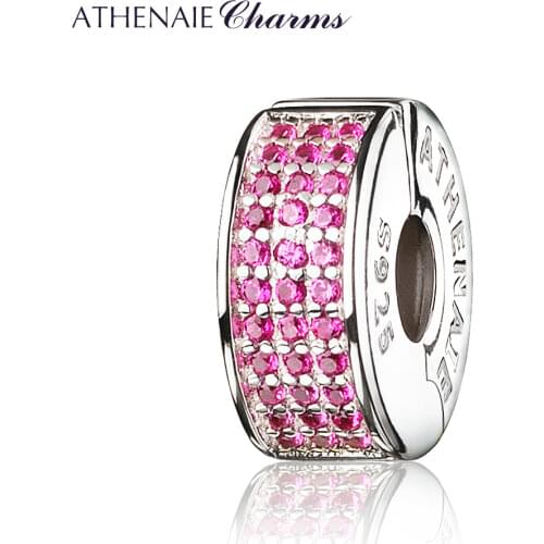 ATHENAIE 925 Sterling Silver jewelry Clip Spacer Pave CZ Enamel Charm Beads Fit European Bracelets and Necklace Color Red/White