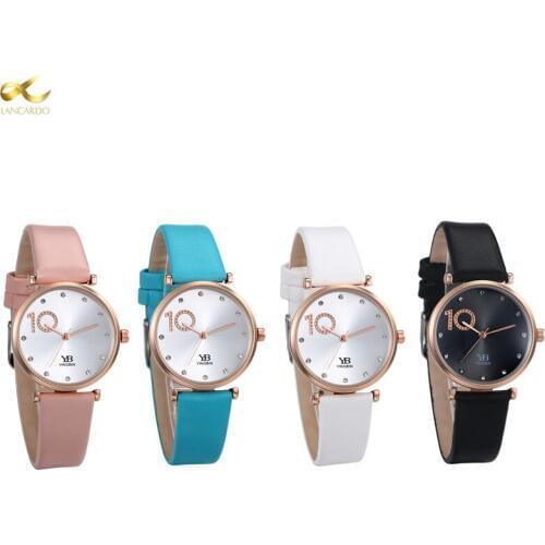 LANCARDO Womens Watches PU Leather Strap Simple Fashion Scale Dial Round Rhinestone Ladies Quartz Wristwatch 2019