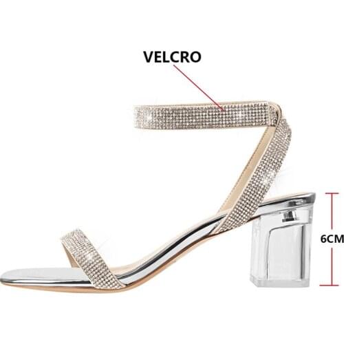 Onlymaker Womens Fashion Clear Chunky Heel Sandals 6cm Rhinestone Studded Velcro Ankle Strap Party Prom Summer Crystal Shoes