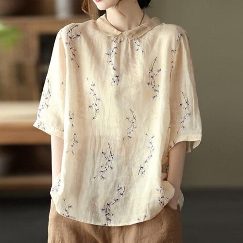QPFJQD Ladies Short Sleeve Button Casual Shirts Turn Down Collar 2021 Summer Autumn Women Print Floral Retro Loose Blouses
