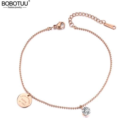 BOBOTUU Trendy Love Tag CZ Crystal Charm Bracelets For Women Stainless Steel Link & Chain Bracelet For Summer Vacation BB19041