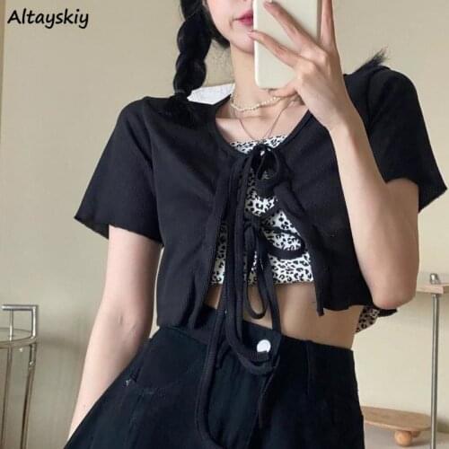 Sets Women Gothic Black Criss-cross Bandage Cropped Cardigan Summer Sexy Leopard Spaghetti Strap Korean Style Club Streetwear