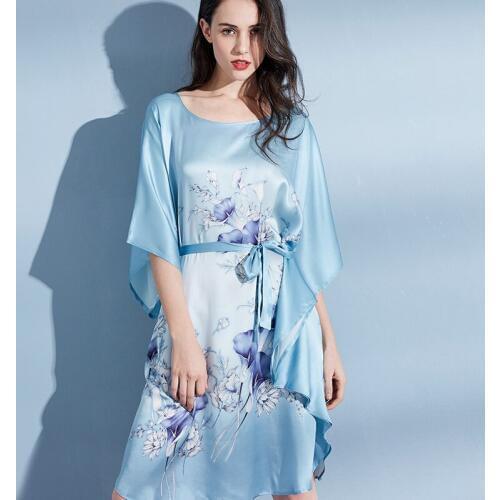 Ladies 100% Silk Robe Sleepshirt Female Silk Sleepwear for Women Over-size Nightgowns Round Neck 16m/m Real Silk Sleeping Robe