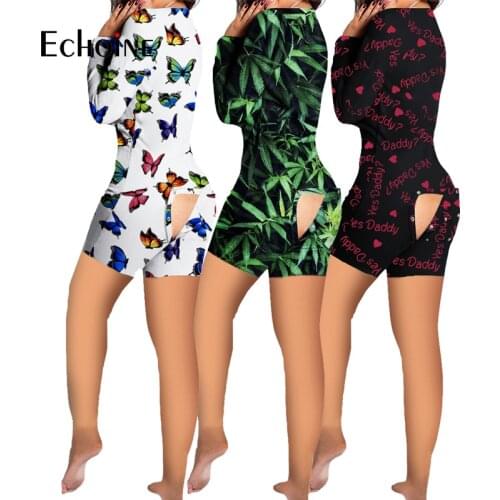 Echoine Women Sexy print Button open crotch Adult Nightwear Long sleeve V-neck Pajama Rompers snack shorts Jumpsuit sleepwear