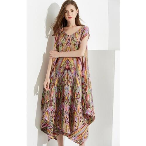 Miyake Pleated two piece set summer womens plus size loose color collision sleeveless tracksuit vintage painting suit