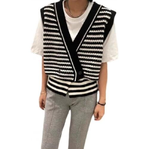 Women Knitwear Sweater Vests Autumn Winter V Neck Sleeveless Thicken Vintage Striped Loose Knitted Tanks WDC8692