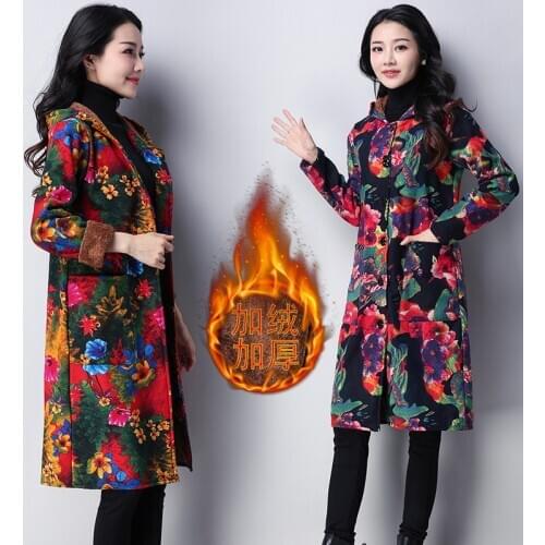 Printed Cotton Coat Women Hooded Outwear Autumn Winter Mid-length Single-breasted Thickened Plus Size Padded Coat Female E304