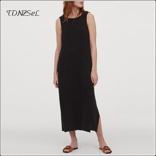 Women Summer Sleeveless Calf-Length Dress Soft Jersey Relaxed Fit Low-Cut Back High Splits Sides Black Boho Maxi Dresses Custom