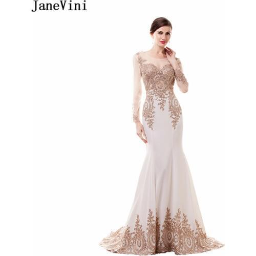 JaneVini Mermaid White Satin Bridesmaid Dresses Scoop Neck Gold Lace Appliques Long Sleeves Sweep Train Women Prom Party Gowns