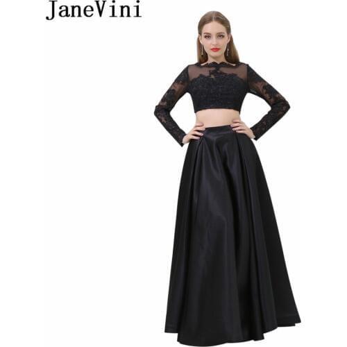 JaneVini In Stock Black Girls Prom Dresses 2 Two Pieces Lace Long Sleeves Beadings Women Elegant Bridesmaid Dresses For Weddings