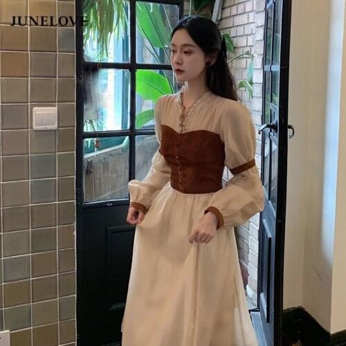 Vintage Midi Dress Women Casual V-neck Long Sleeve Party Retro Dress Female French Evening One-piece Dress Korean 2021 Autumn