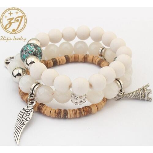Zhijia Fashion Charm Beads Tower Bracelets Women Bohemia Vintage Wing Bracelet & Bangle Set Jewelry Wood Layer Crystal