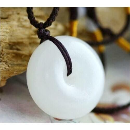 25mm CHINESE Icy White JADE PENDANT Circle Donut Amulet Necklace
