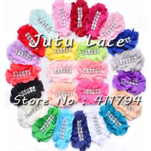 50 /lots ,12cm " rhinestone chiffon flowers apparel for hair headwear accessories 25 colors