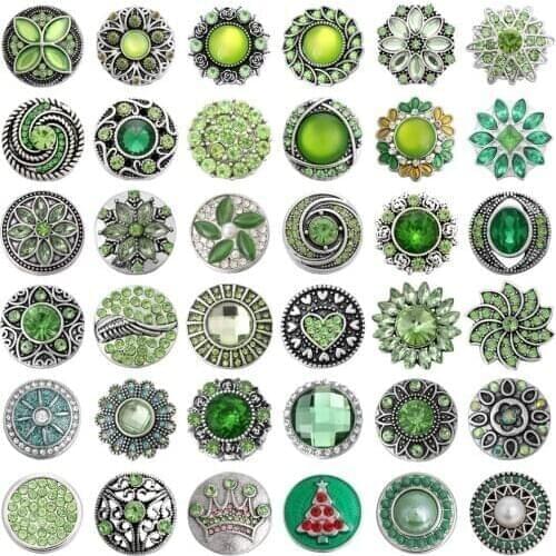 6pcs/lot Hot Snap Jewelry Mixed Green Rhinestone Crystal Flower 18mm Snap Button Fit Snap Bracelet Bangle