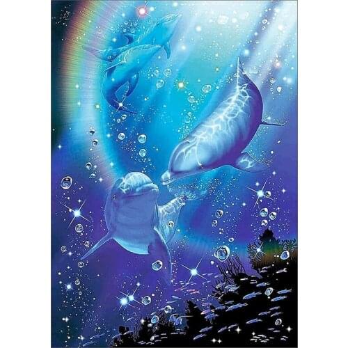 Diamond Painting Full Circle Diamond Kit Rhinestone Picture Art Craft Home Door Decoration (Blue Dolphin)