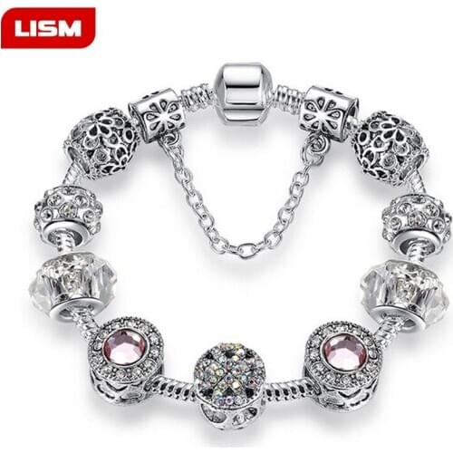 Antique Silver Color Charm Bracelet & Bangle with Love and Flower Beads Women Wedding Jewelry