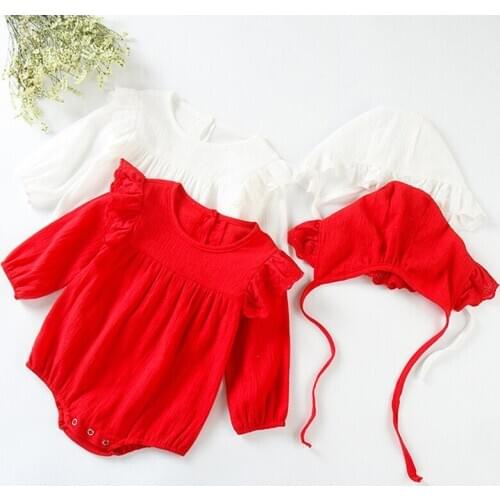 FEERIJT Baby Girl Bodysuits Ins Long Sleeve Bodysuit with Cap Summer Red White Baby Clothes for Newborn Baby Breathable with Hat
