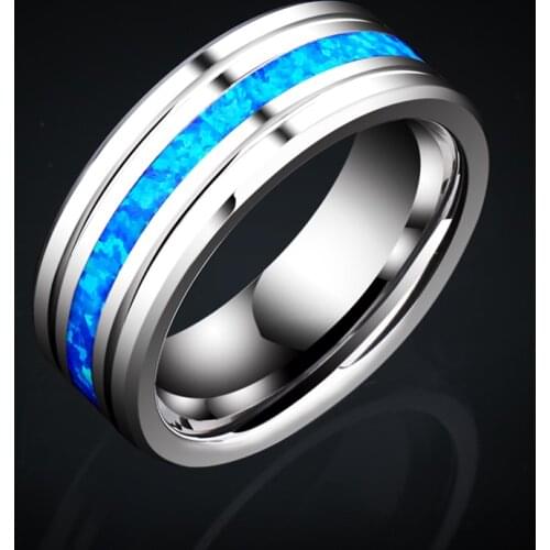 FDLK New 8mm High Polished Stainless Steel Ring Blue Opal Center Groove Stainless Steel Mens Wedding Band