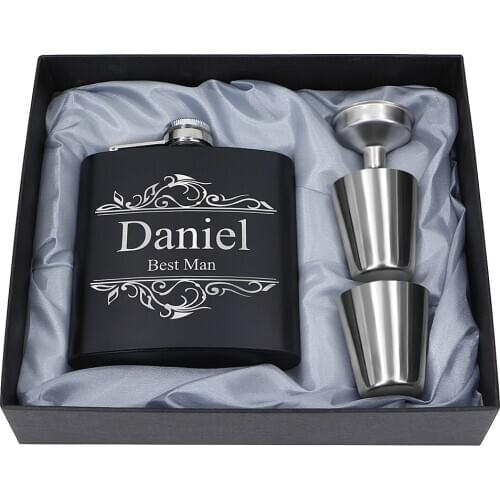 Engraved 6oz Black Stainless Steel Hip Flask Set Custom LOGO Alcohol Wine Flagon Whiskey Flask Wedding Favors Groomsman Gifts
