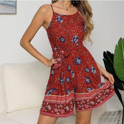 Green Red Women Rompers&Playsuits Fashion Bohemian Shorts Jumpsuits Floral Printed Rompers Woman One Piece Overall Mono De Mujer