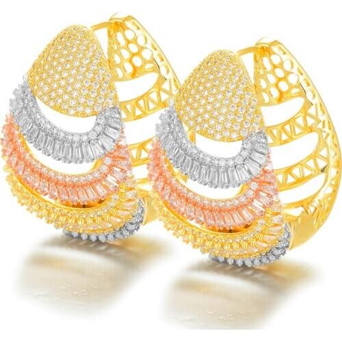 LARRAURI Elegant Full Micro Pave Zirconia Stone Gorgeous Rose Gold Color CZ Crystal Women Long Big Hoop Earrings