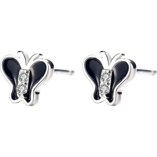 Cute Female Black Enamel Earrings Real 925 Sterling Silver Wedding Earrings For Women Small Butterfly Stud Earrings