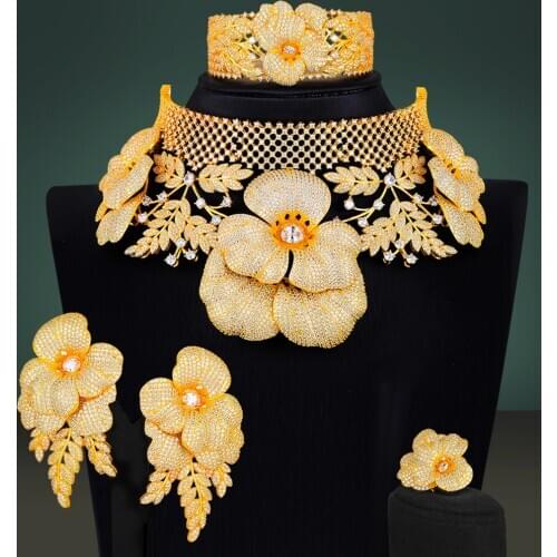 Missvikki Luxury Princess Crown Flower Necklace Bangle Earrings Ring 4PCS Jewelry sets For Women Wedding African Dubai Bridal