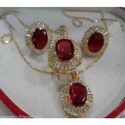 Fashion Cubic Zirconia Trendy Red Crystal NecklacePendant Earring Ring Jewellery Sets