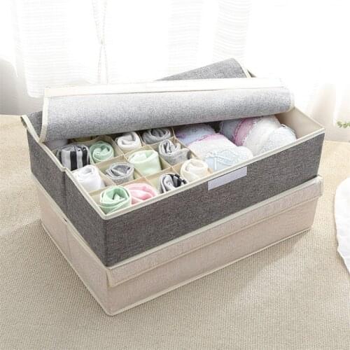Can Washable 17-grid Linen Cotton Storage Case Foldable Underwear Socks Ties Storage Box Dust-Proof Home Storage Kit Save Space