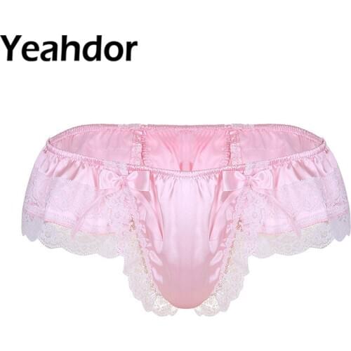 Mens Sissy Shiny Soft Satin Lingerie Briefs Double Layers Floral Lace Back with Bowknot Low Rise Bikini Thong Gay Underwear