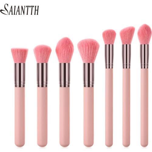 SAIANTTH 7pcs goat hair makeup brushes sets PVC Coffee tube wooden handle cosmetic brush kits pincel maquiagem face foundation