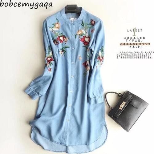 Embroidered Soft Jeans Shirt Dress Women Loose Button Up O Neck Long Sleeve Spring Summer dress vestido Denim Dress Women Cotton