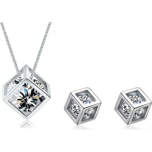 925 Sterling Silver Zirconia Cube Box Earrings Geometric Choker Necklaces Jewelry Sets for Women Statement Pendientes Brincos