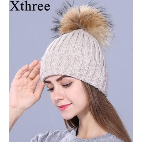 Xthree Wool Knitted Hat for Women Winter Hat Beanies Skullies Real Fur Pom Hat for Girl Gorro Female Cap