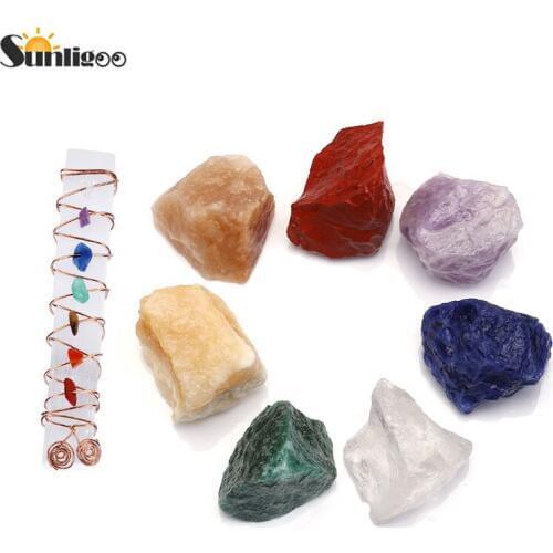 Sunligoo 7 Chakra Healing Crystals Kit Natural Raw Rough Stones 7 Chakra Beads Copper Wire Wraped Selenite Stick Reiki Stones
