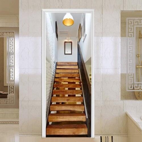 Wood Grain Stair Door Decoration Wallpaper Door Sticker Self-adhesive Waterproof Poster Home Door Renew Mural Decal deur sticker