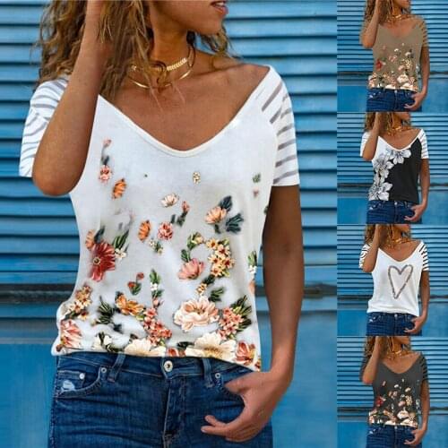 Summer Woman Tshirts Casual Short Sleeve V-neck Loose T-Shirt Solid Color Print Top Stripe Retro Pullover Womens Shirt Clothing