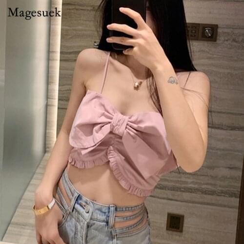 2021 Sweet Summer Blouse for Women Casual Sexy Shirt Female Clothing Solid Chiffon Bow Sleeveless Sling Short Tops Blusa 14561