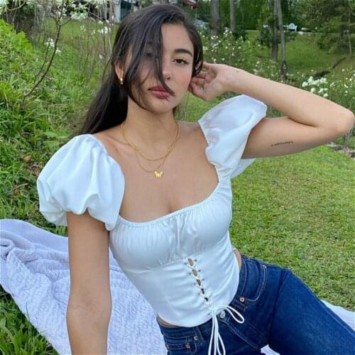 2021 Summer Puff Sleeve Vintage Crop Tops Blouses Women Short Sleeve Square Neck Bandage Shirts Eleagnt Sexy Tops Female