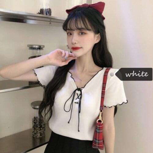 Woman TShirts Short Sleeve 2020 Womens Summer V-neck Lace up Knitted Top T-shirt Crop Top Mujer Camisetas