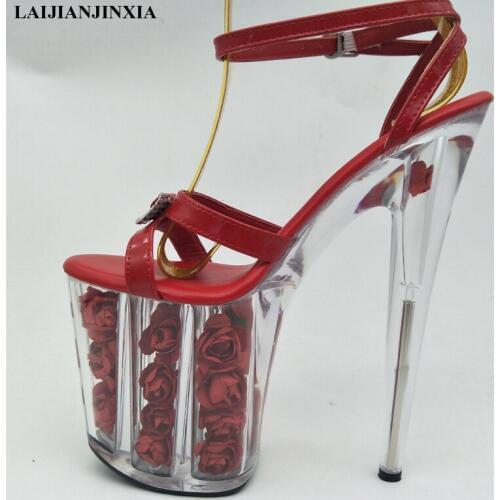 LAIJIANJINXIA RED flower wedding shoes women motorcycle 20CM high heel shoes dress pole dancing sandals Dance Shoes E-196